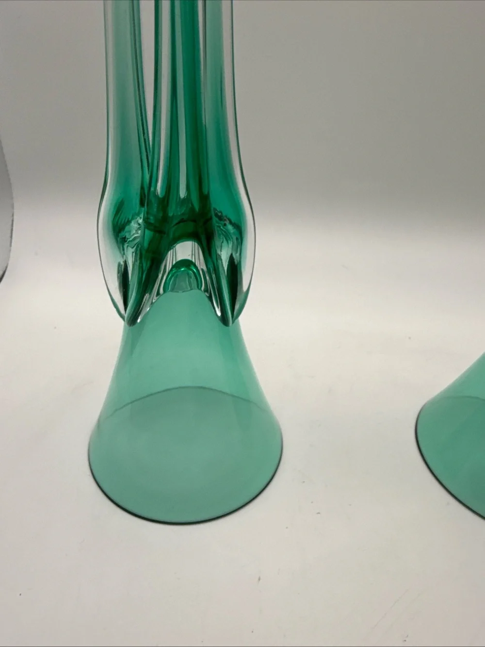 Vintage Set of 2 Green Jozefina Krosno Art Glass Taper Candleholders Hand-Blown